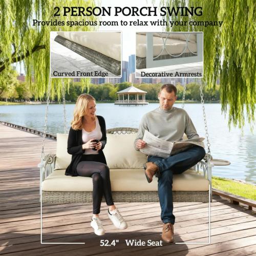 Outdoor Patio Porch Swing Bench with Cup Holders, Cushions 3 Person Wicker Hanging