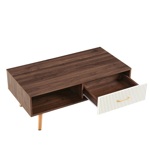40.94inch  Rectangle Coffee Table with Drawer, Walnut Solid Wood Leg Table, 220lbs Load