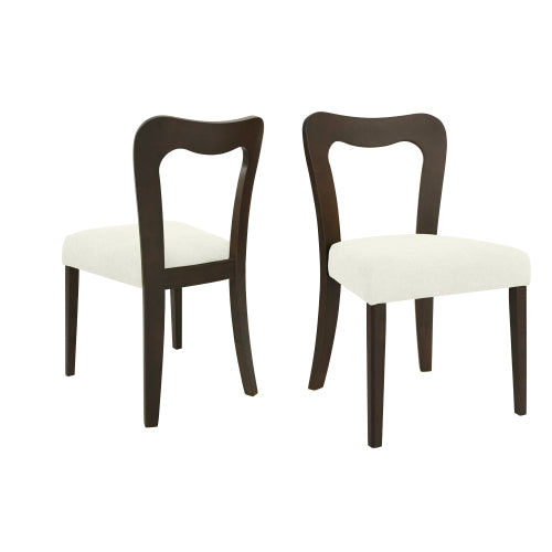 Set of 2 Dark Brown Rubberwood Open Back Dining Chairs, Minimalist Beige Upholstered Armless Kitchen Chairs