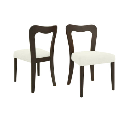 Set of 2 Dark Brown Rubberwood Open Back Dining Chairs, Minimalist Beige Upholstered Armless Kitchen Chairs