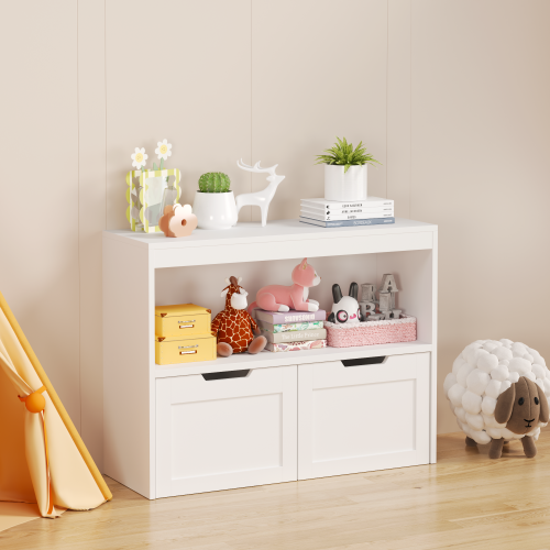 Kids Toy Storage Organizer with Drawers Open Shelves and Wheels White