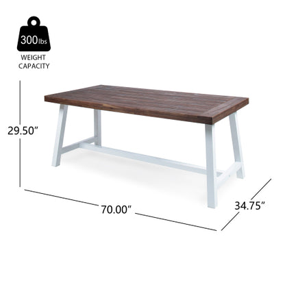 Outdoor Dark Brown Sandblast Finish Acacia Wood Dining Table with White Rustic Metal Finish Frame