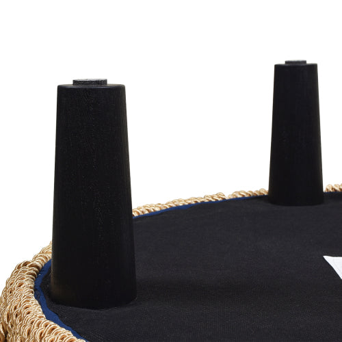 24 inch Round Upholstered Accent Ottoman, Navy Blue Velvet Ottoman with Gold Bullion Fringe Trim