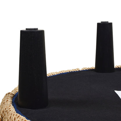24 inch Round Upholstered Accent Ottoman, Navy Blue Velvet Ottoman with Gold Bullion Fringe Trim