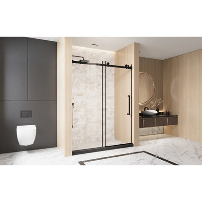 Frameless Single sliding shower door 56-60 "W x 76" H, 1/4 "(6 mm) Clear Tempered Glass, Explosion Proof Film, Stainless Steel Handle Square Tube Track ,Matte Black