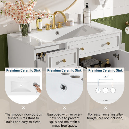 36" Bathroom Vanity with Ceramic Sink, Standard and Double-Layer Drawers, Soft Close Doors, Adjustable Shelves, Modern Storage Cabinet for Small and Medium Bathrooms