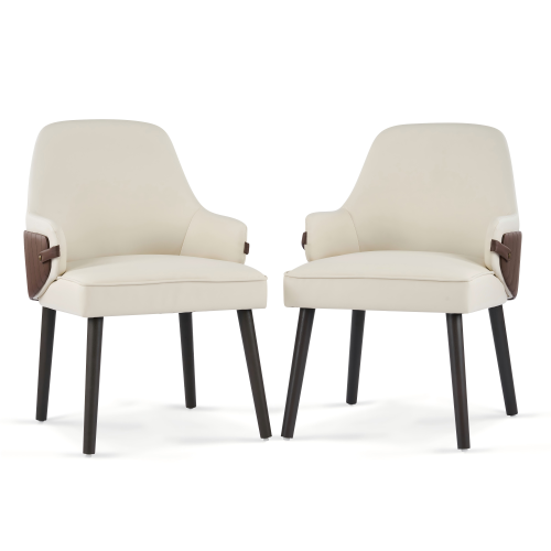 Set of 2 Beige & Brown Two-Tone Fabric Arm Dining Chairs, Multi-Material Frame 300lbs Weight Capacity