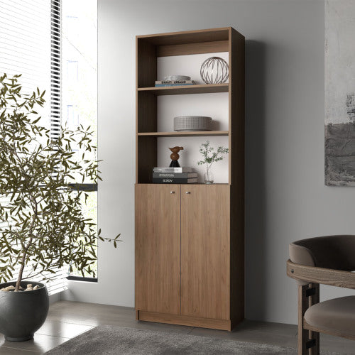 Bookcase with Open Storage and 2 Doors, Natural Oak/White