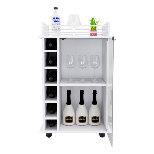 Bar Cart, Glass Door, Four Casters, Two Shelves, White