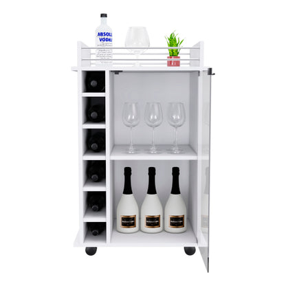 Bar Cart, Glass Door, Four Casters, Two Shelves, White