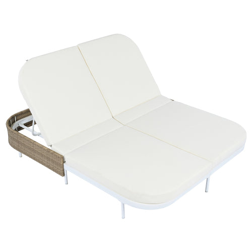 TREXM Outdoor Daybed, Patio Rattan Daybed with 5-Position Adjustable Backrest and Removable Cushions&Pillows, Iron Frame Outdoor Bed Loveseat for Garden, Backyard, Poolside (White Frame+Beige Cushion)