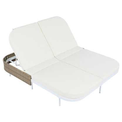 TREXM Outdoor Daybed, Patio Rattan Daybed with 5-Position Adjustable Backrest and Removable Cushions&Pillows, Iron Frame Outdoor Bed Loveseat for Garden, Backyard, Poolside (White Frame+Beige Cushion)