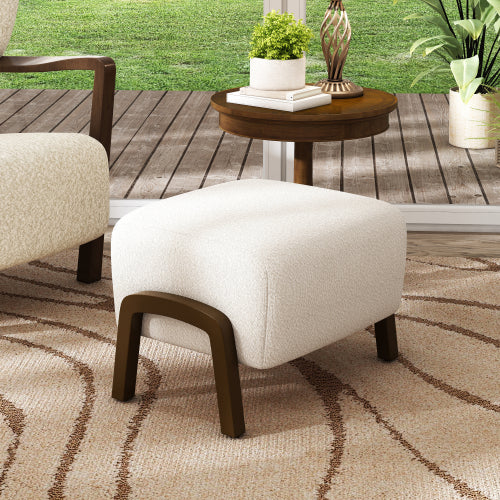White Boucle Upholstered Ottoman with Solid Wood Legs, Contemporary Multifunctional Accent Footrest Stool