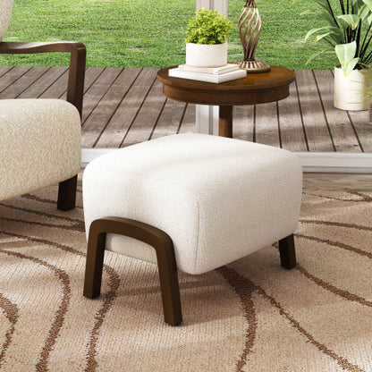 White Boucle Upholstered Ottoman with Solid Wood Legs, Contemporary Multifunctional Accent Footrest Stool