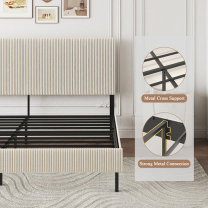 King bed frame with a bandaged headboard is stable and easy to assemble, and the style is simple and elegant,beige