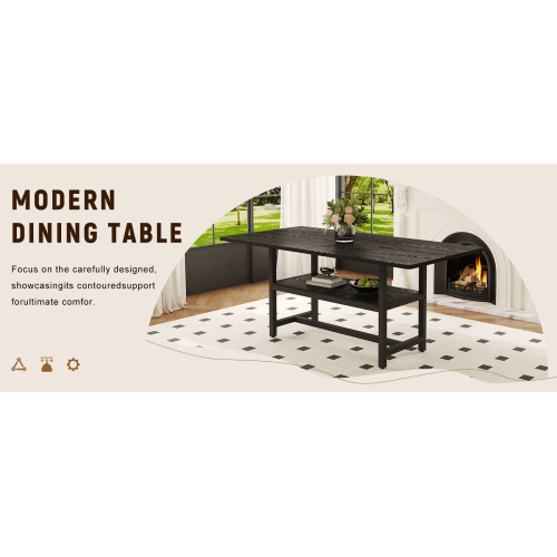 71-Inch Black Wood Grain Dining Table with Storage Shelf