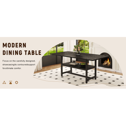 71-Inch Black Wood Grain Dining Table with Storage Shelf
