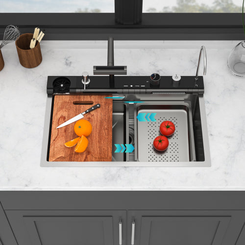 30" Kitchen Sink Waterfall Sink - 30 x 19 x 9 inch Multifunction Single Bowl 16 Gauge Stainless Steel Ledge Workstation Smart Digital Features Top Mount Kitchen Sinks