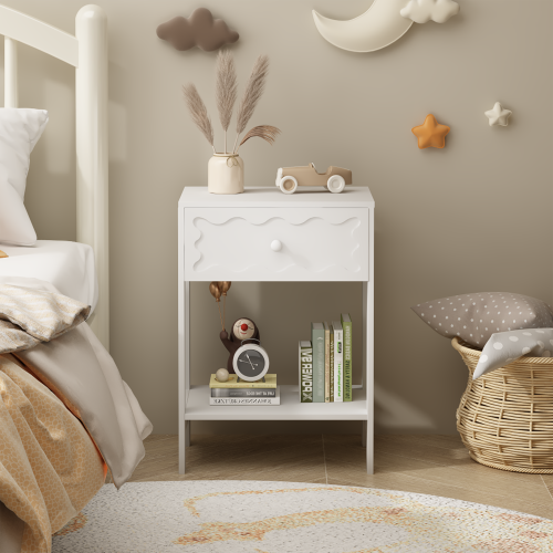 White Nightstand with Drawer and Open Shelf, Modern Wave Pattern Bedside Table, Solid Wood Frame End Table for Bedroom, Living Room, Small Spaces