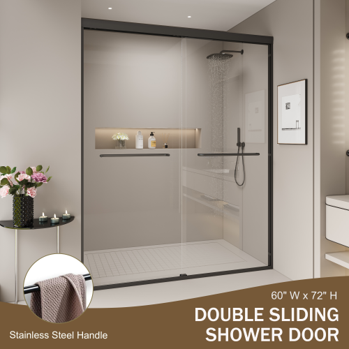 56-60 in. W x 72 in. H Double Sliding Shower Door, Semi-frameless Bypass Bathroom Sliding Door with 1/4" (6mm) Tempered Glass for Walk-in Shower, Matte Black 24D03-60MBX
