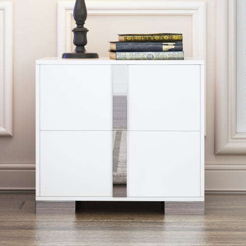 White Mirrored Nightstand with Metal Legs and 2 Drawers