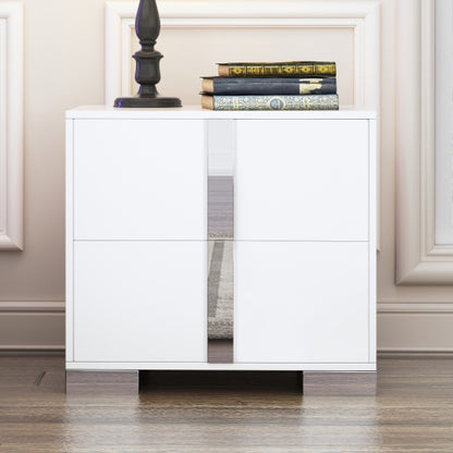 White Mirrored Nightstand with Metal Legs and 2 Drawers