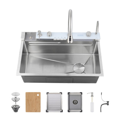 Pull-out Facuet Single Bowl Sink Kitchen Vegetable Sink 304 Whale Waterfall Sink Stainless Steel Dish Sink Vegetable Sink Household Vegetable Washing Basin, Dark Gray
