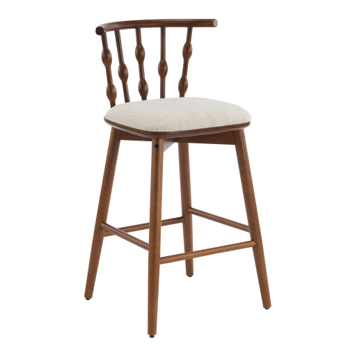 Indoor Wooden Barstool, Walnut Finish With Beige Upholstery, Set of 2
