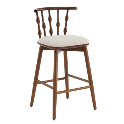 Indoor Wooden Barstool, Walnut Finish With Beige Upholstery, Set of 2
