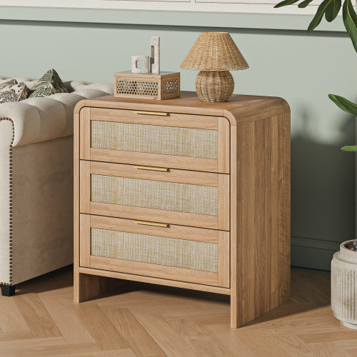 Rattan Nightstand with 3 Drawers, 22.8inch  Wide Curved Wooden Bedside Table, Modern Storage for Bedroom, Caramel Oak.
