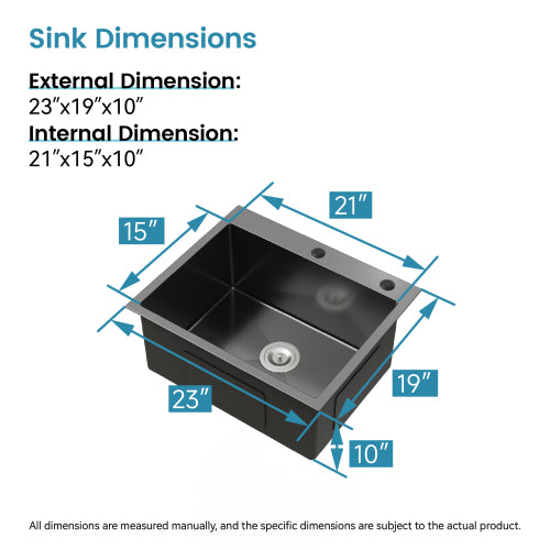 Stainless Steel Kitchen Sink, 23″x19″ Single Bowl, Undermount Handmade Sink in Black, with US Standard Drain and Hook, LS-SSBL02