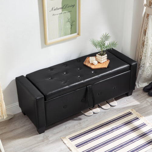 Black Tufted PU Faux Leather 48 inch Storage Ottoman Bench, Hallway Bedroom Storage Seat