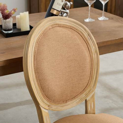 Set of 2 Tan French Solid Wood Antique Painted Linen Dining Chairs, Carved Frame 300 LBS Weight Limit