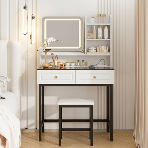 White Amber Glass Vanity Desk, 360° Rotatable LED Mirror, USB?AC Power Outlet, Metal Legs & PU Stool