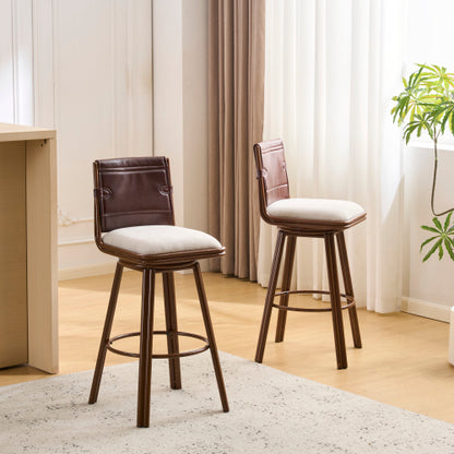 Indoor Upholstered Swivel Bar Stool with Metal Frame, Walnut Finish and Beige Upholstery, Set of 2