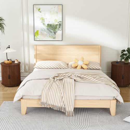 Walnut Cylinder Nightstand, Mid-Century Round Side Table with Charging Station & Sliding Door