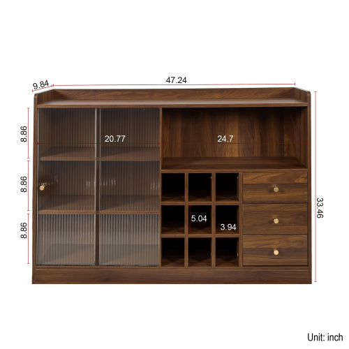 Double Sliding Striped Glass Door Sideboard Wooden Freestanding Storage Cabinet Wine Cabinet For Home Garage Use