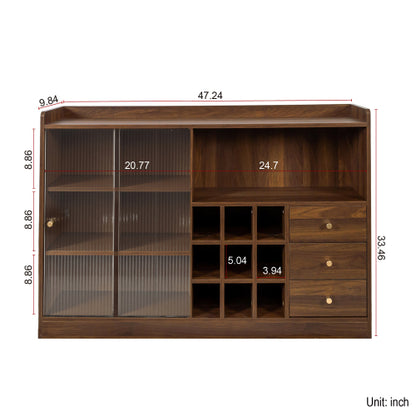 Double Sliding Striped Glass Door Sideboard Wooden Freestanding Storage Cabinet Wine Cabinet For Home Garage Use