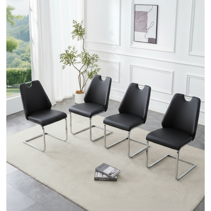 Dining Chairs Set of 4, Black Faux Leather Chairs, Gold Mesh Texture & Chrome Pull Handle