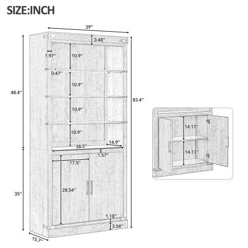 83.4 Inch Tall Walnut Farmhouse Bookshelf with LED Light & Adjustable Shelves Closed Storage Cabinet