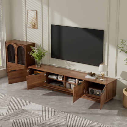 78.7 inch Walnut Mixed Slat Flat Panel Legless TV Stand Full Closed Media Console Fits Up To 85 inch TV