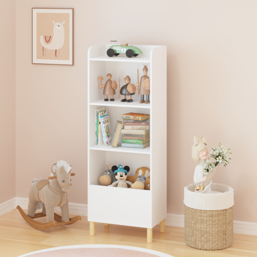 Kids 4-Tier Bookcase and Toy Storage Organizer with Pine Legs, White