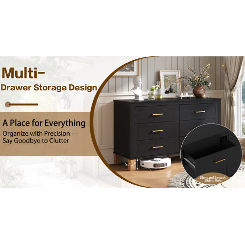 6 Drawer Double Dresser Modern Black Storage Cabinet with Metal Handles Solid Wood Legs