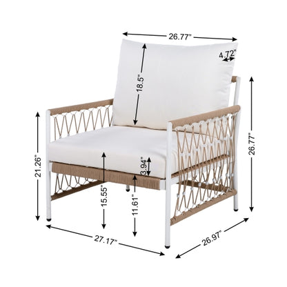 [Set of 2] Bohemian Outdoor Lounge Chair with Handwoven Rope & Powder-Coated Steel Frame, Waterproof Cushions - Patio, Garden, Poolside