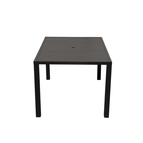 Outdoor Dining Table for 4 Person,Square Slatted Metal Patio Table for Deck Garden Lawn Backyard Use with Umbrella Hole, Brown