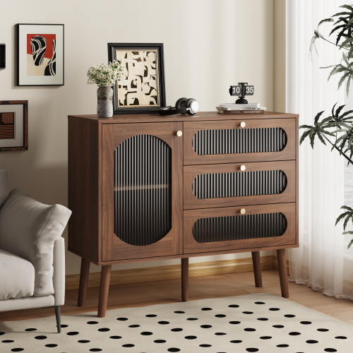 Accent Cabinet with 3 Drawers and Door, Wooden Storage Cabinet with Shelves, Sideboard for Living Room, Entryway, Natural