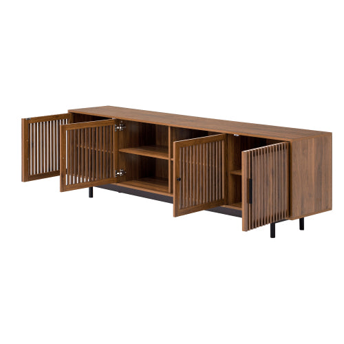 78.7 inch Walnut Slatted Door TV Stand Solid Rubber Wood Leg Media Console Holds 85 inch TV