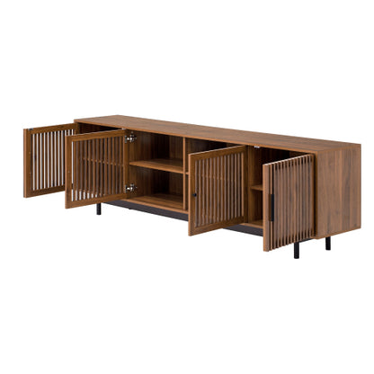 78.7 inch Walnut Slatted Door TV Stand Solid Rubber Wood Leg Media Console Holds 85 inch TV