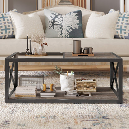 39.37inch  Industrial Coffee Table, Tempered Glass & Wood Grain MDF, X-Frame Metal Base, 220lbs Capacity