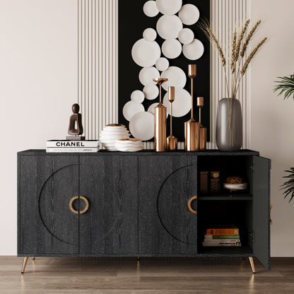 Distressed Black Modern Lacquered 4-Door Wooden Sideboard MDF Metal Leg Adjustable Shelf Home Storage Cabinet